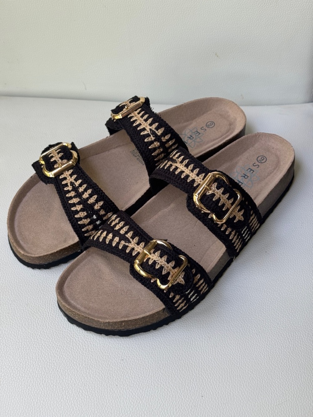 Serra Black Slide Sandals with Gold Buckles